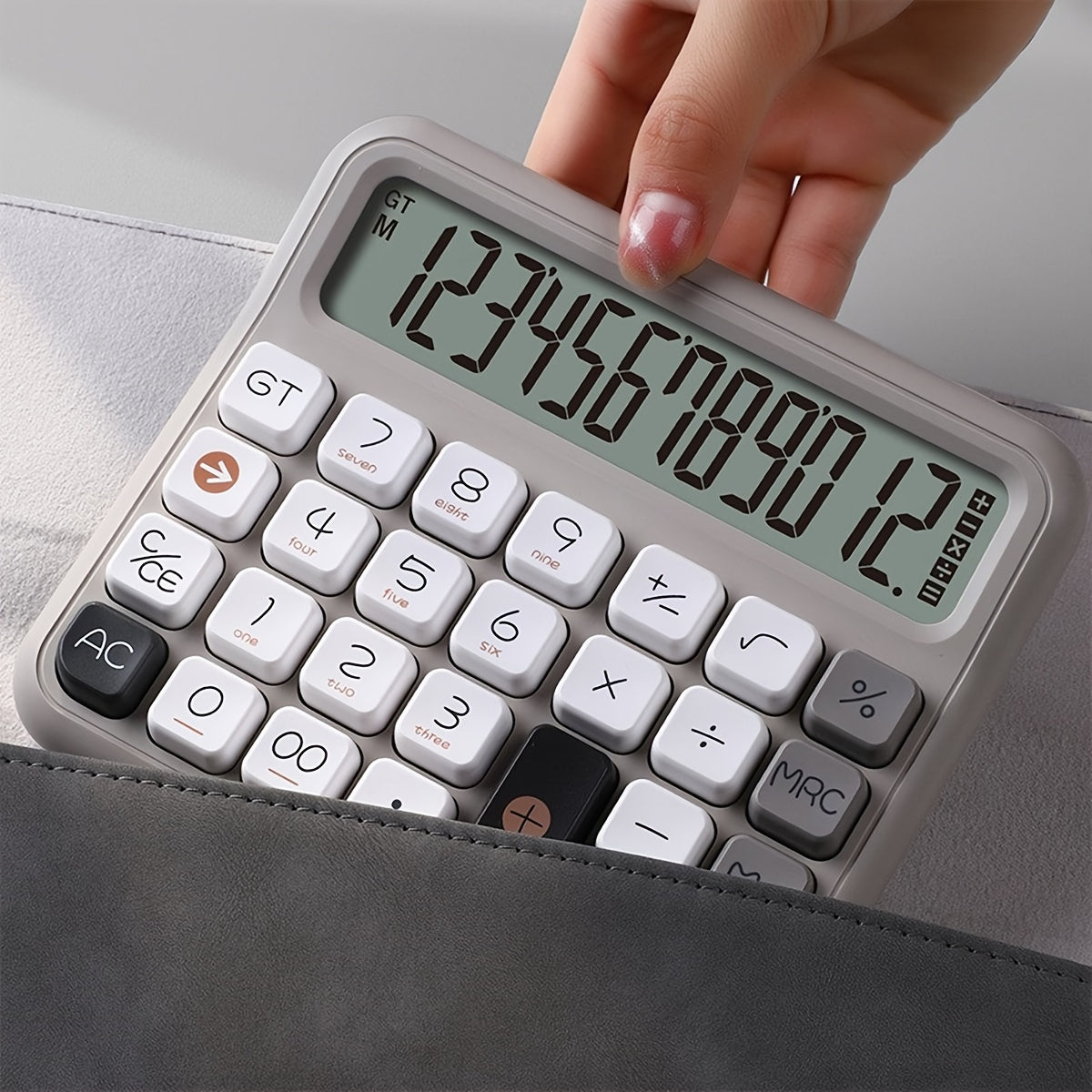 Ofis va moliyaviy foydalanish uchun kulrang va oq dizayndagi 12 raqamli LCD kalkulyator