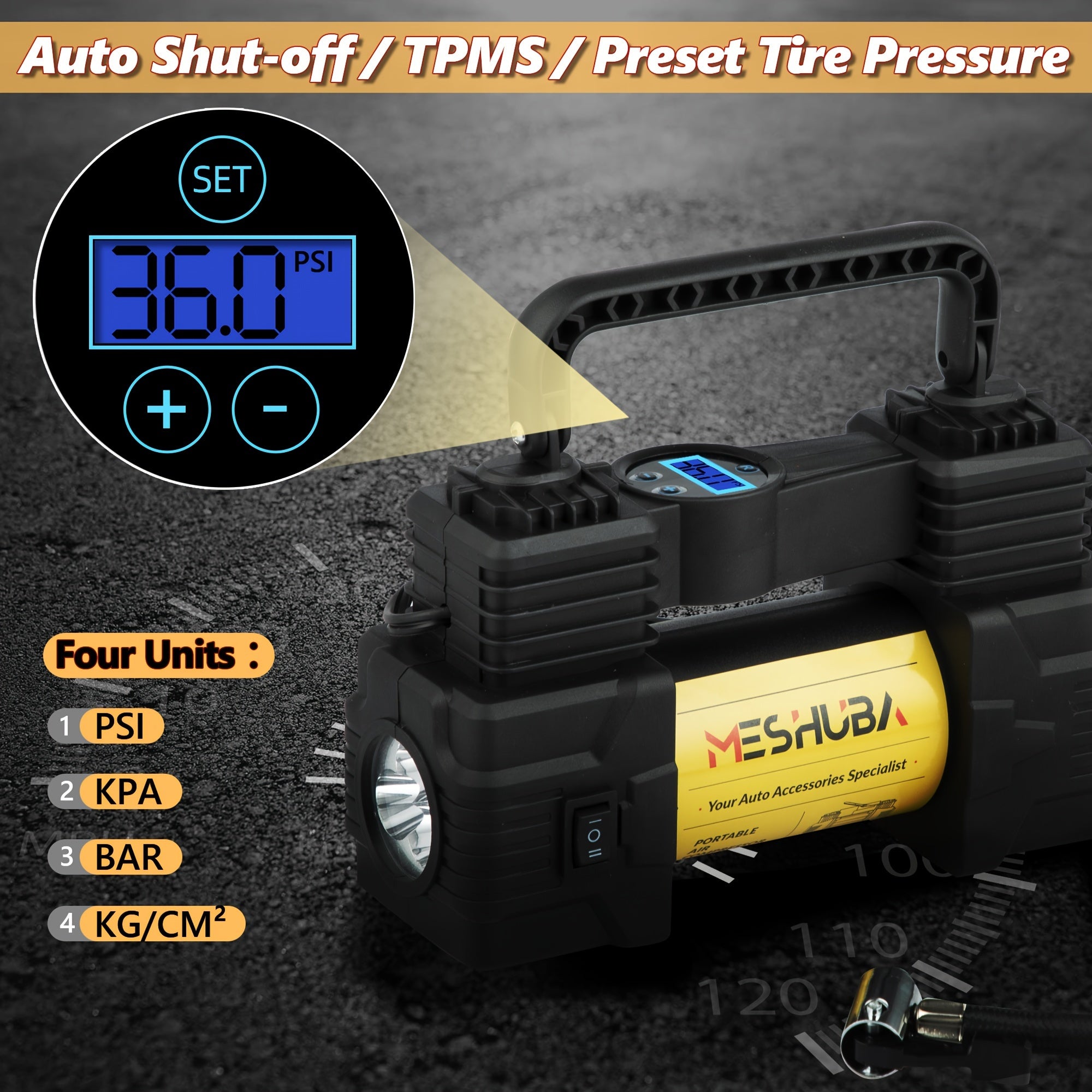 12V Portable Car Tire Inflator with Digital Pressure Gauge 150 PSI Yellow