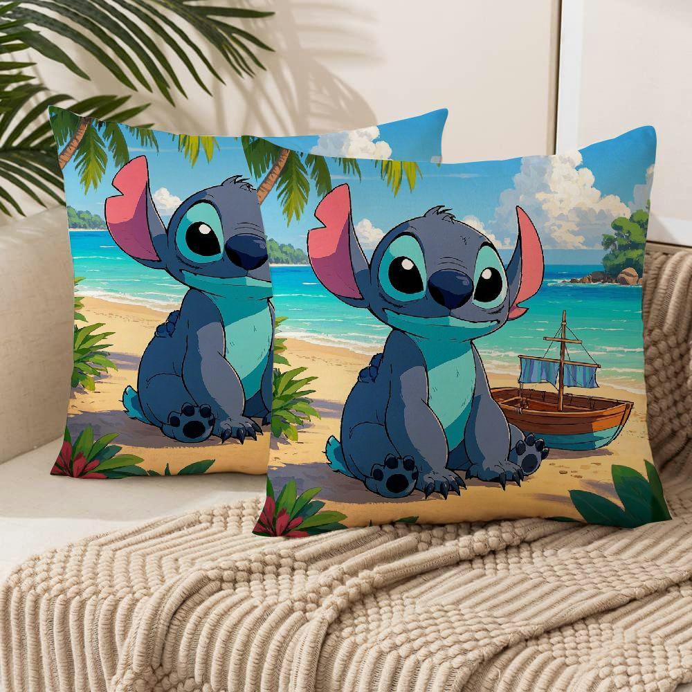 Two-Pack Disney Stitch Beach Scene Throw Pillow Covers Indoor Outdoor Living Room Decor