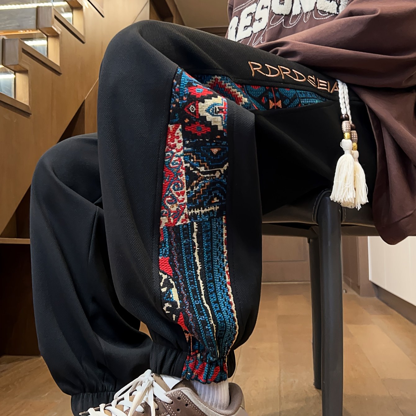 Men's Casual Pants Polyester Tribal Patchwork Letter Embroidery Regular Fit