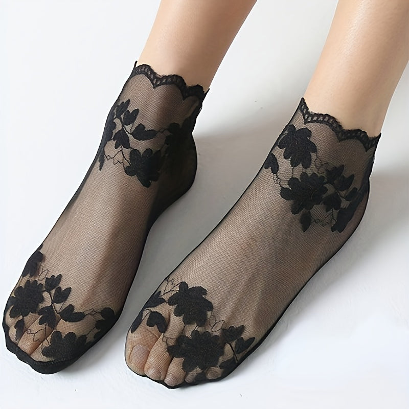Women's Sheer Lace Ankle Socks 3 Pairs Cotton Polyester Spandex Solid