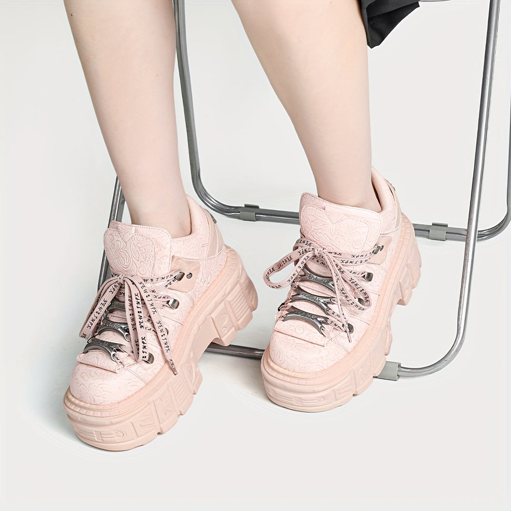 Женские розовые цветочные ботинки на платформе с embossed-эффектом, готические ботинки на шнуровке