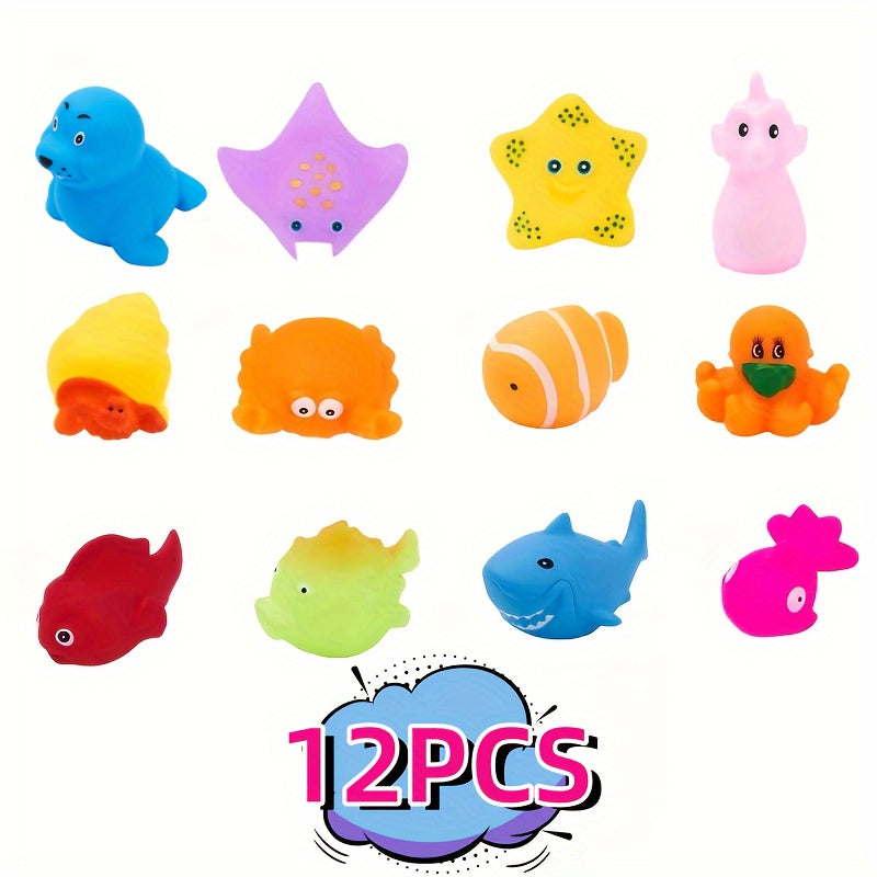 Bolalar uchun 12 ta rangli rezina hayvonchalar bilan vannaxonasi o'yinchoqlari to'plami, suvda o'ynash va sovg'a uchun