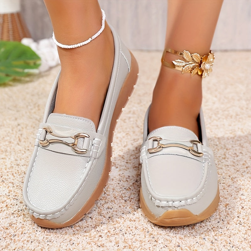Women's Slip-On Loafers PU Cover Upper TPR Sole Metallic Buckle All-Season Flats