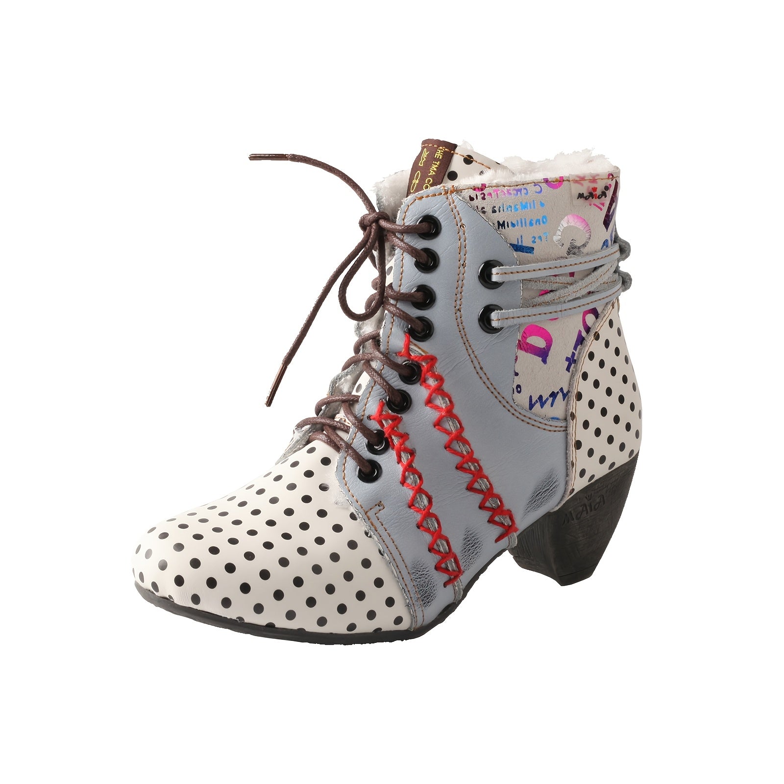 Women's Winter Ankle Boots Leather Mid Heel Lace-Up with Print