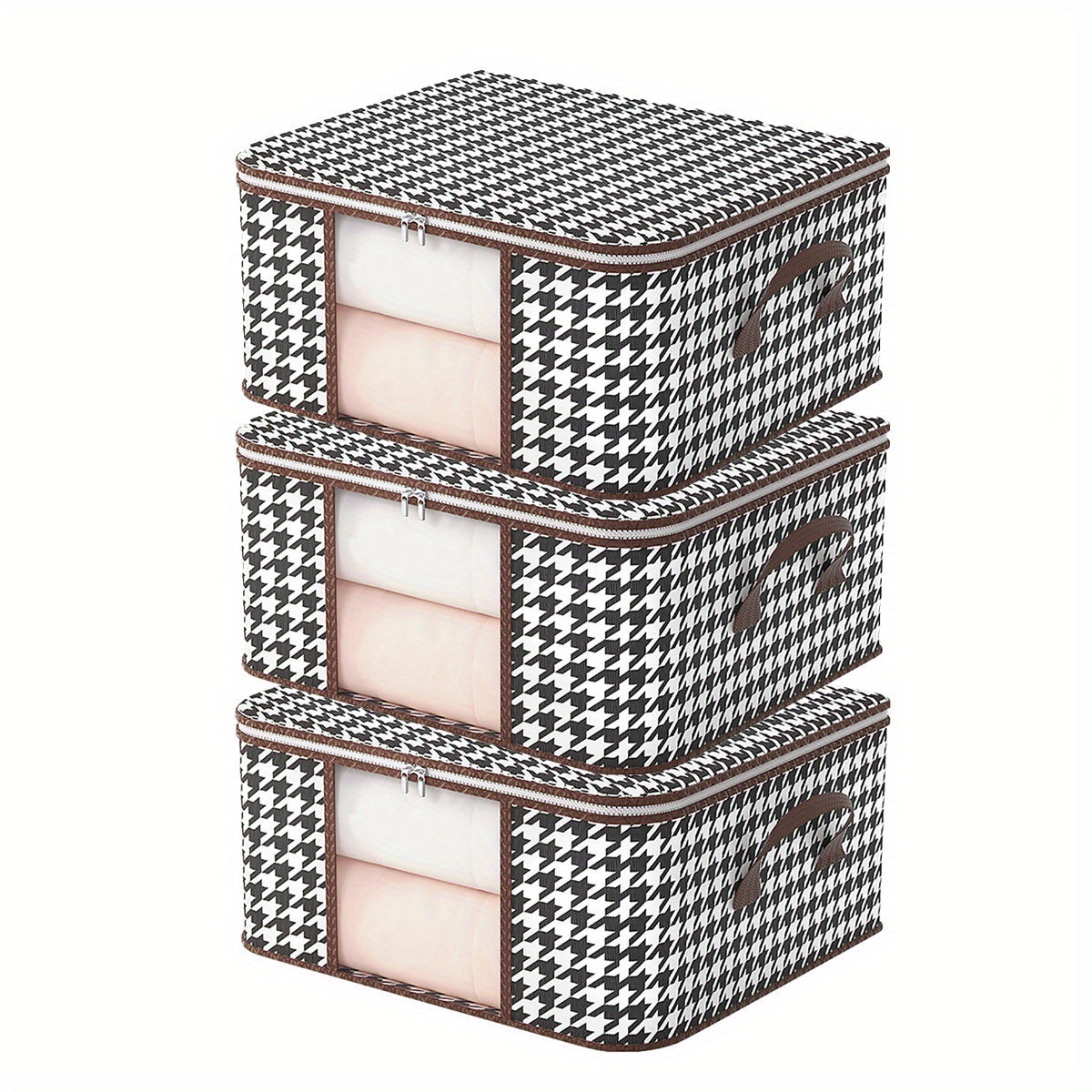 Houndstooth Pattern Clothes Storage Bag with Transparent Window Non-Woven Foldable Dustproof Organizer