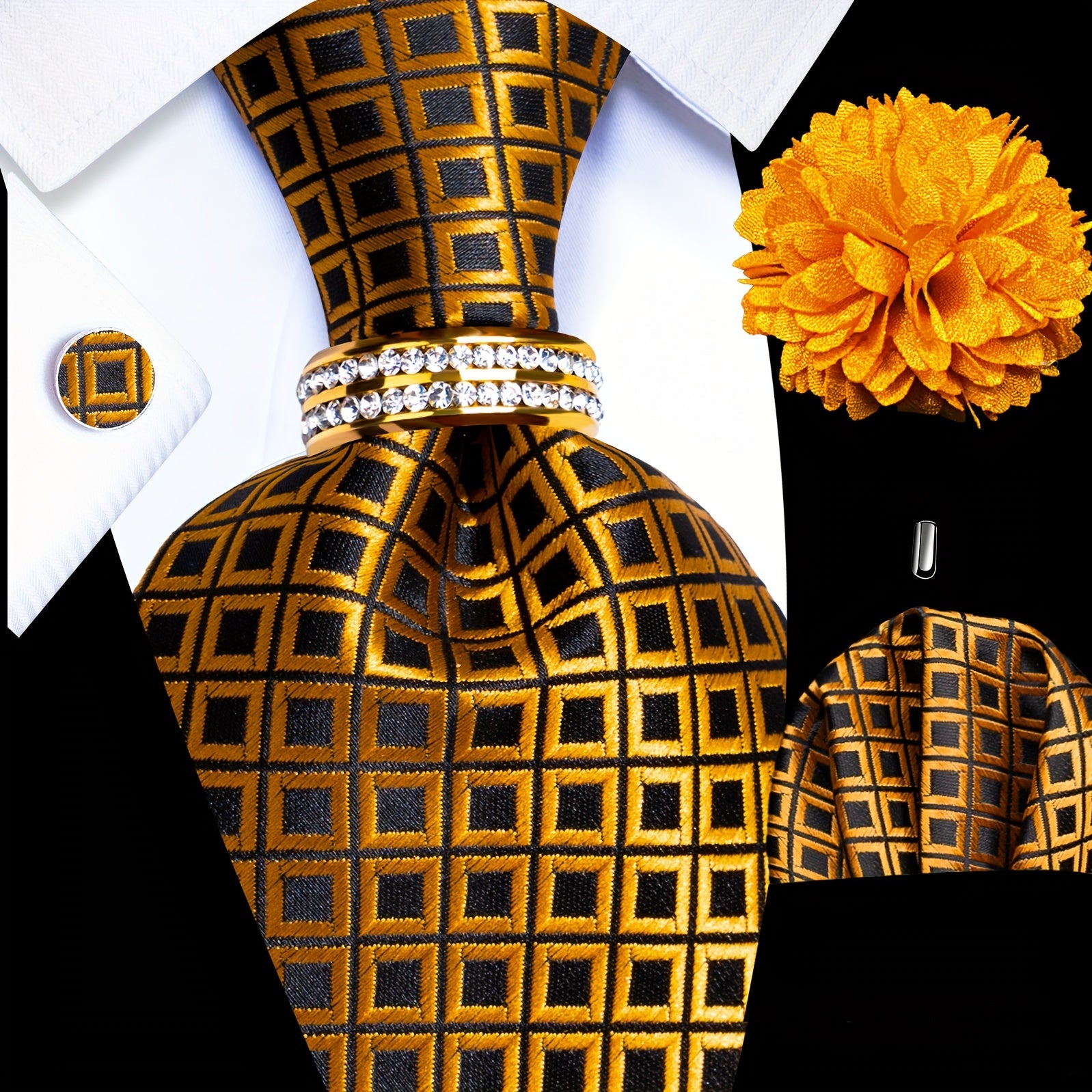 Men's Formal Tie Set with Pocket Square Cufflinks Tie Clip Lapel Pin and Ring for Weddings and Occasions