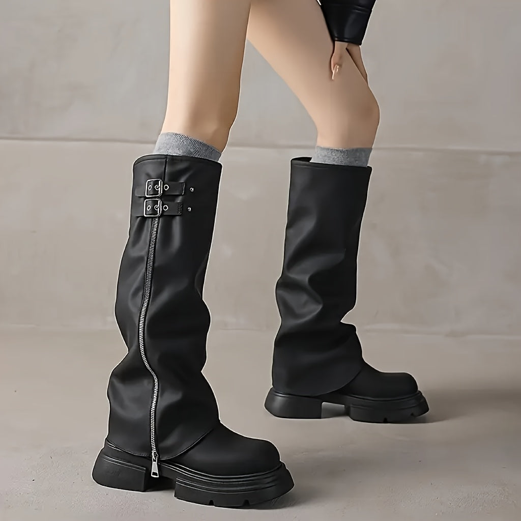 Women's Synthetic Over Knee Block Heel Boots Brown Slip-On Thick Sole