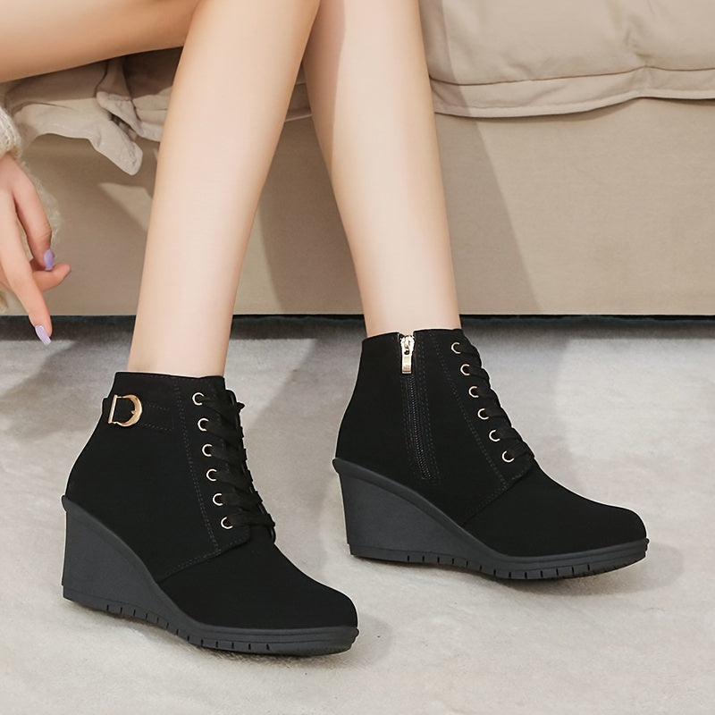 Women's Solid Color Round Toe Wedge Ankle Boots with Buckle Zipper
