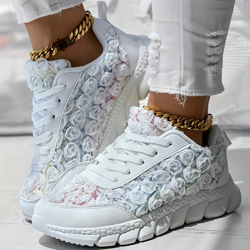 Ayollar uchun 3D Rose Lace-Up kundalik sport poyafzallari yengil, qulay oyoq kiyim