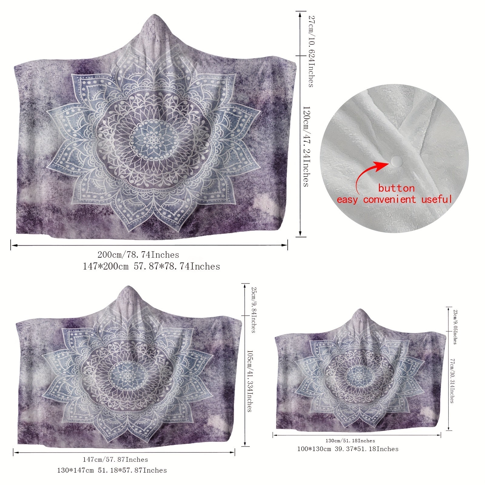 Manta con capucha patrón boho mandala, manta ponible para comodidad acogedora