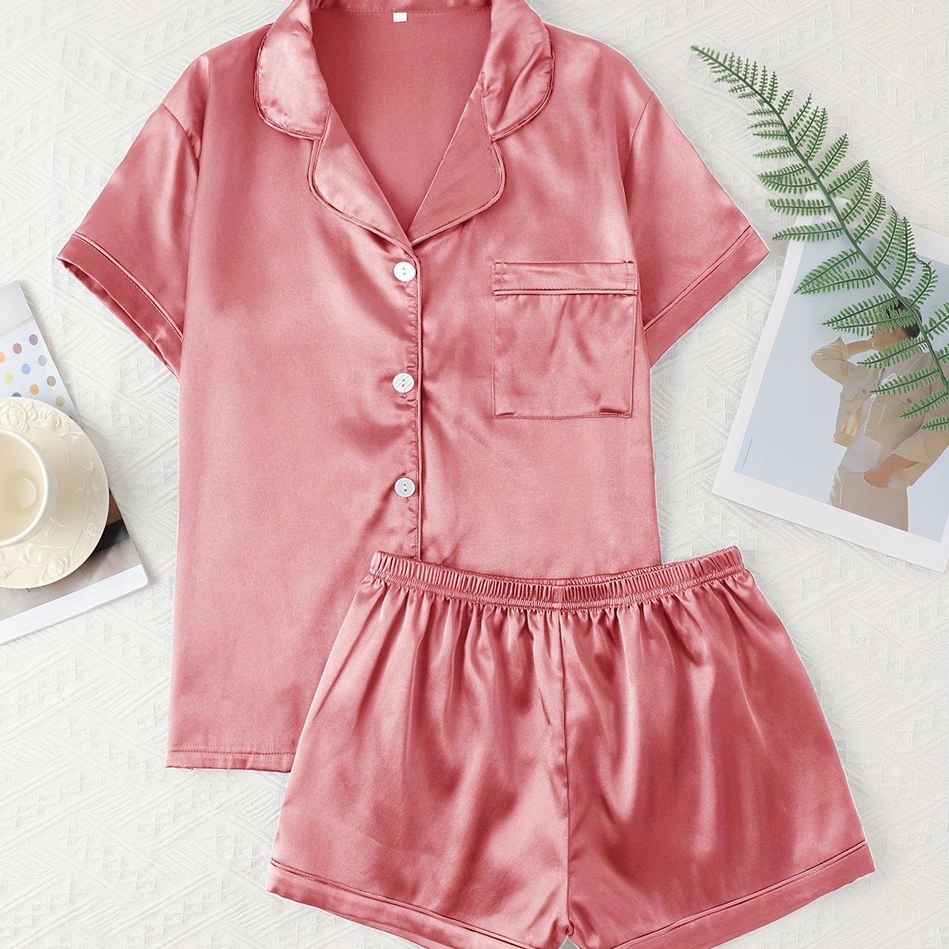 Adult Satin Solid Color Double Shorts Pajama Set