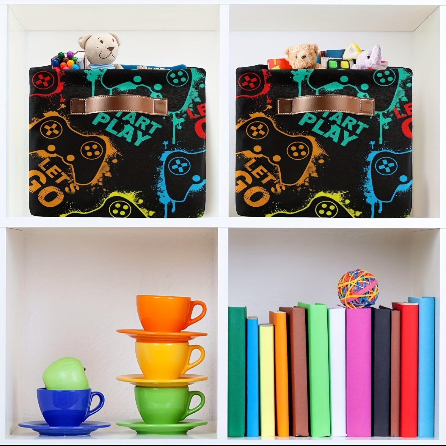 Black Fabric Storage Bin with Handles, Foldable Canvas Organizer for Clothes and Toys