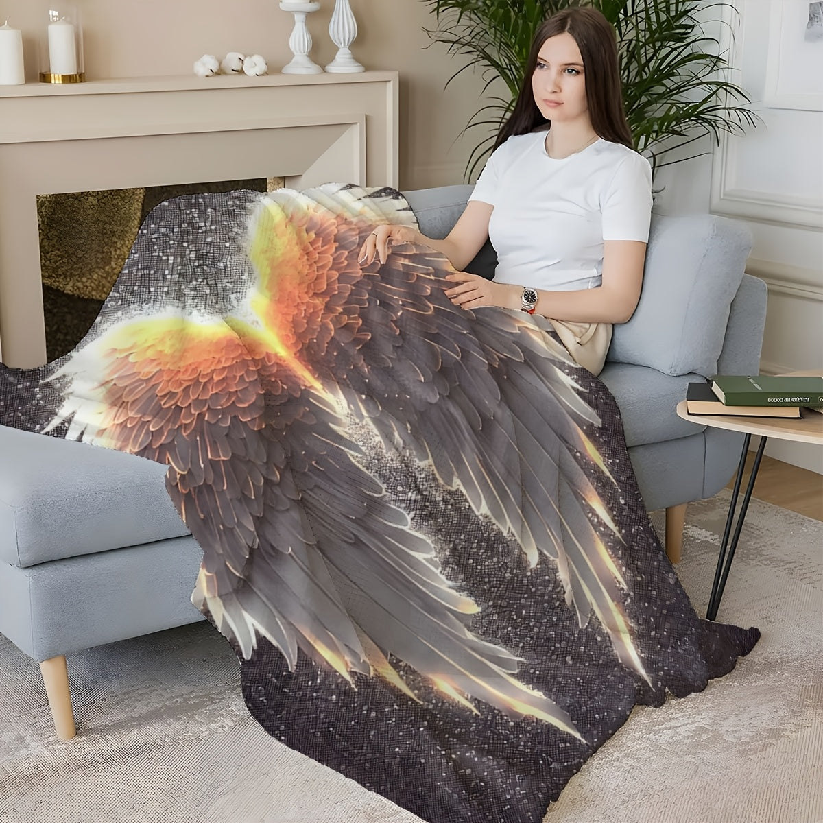 Glowing Wings Print Flannel Blanket Soft Cozy Polyester Throw for Sofa Bed Travel