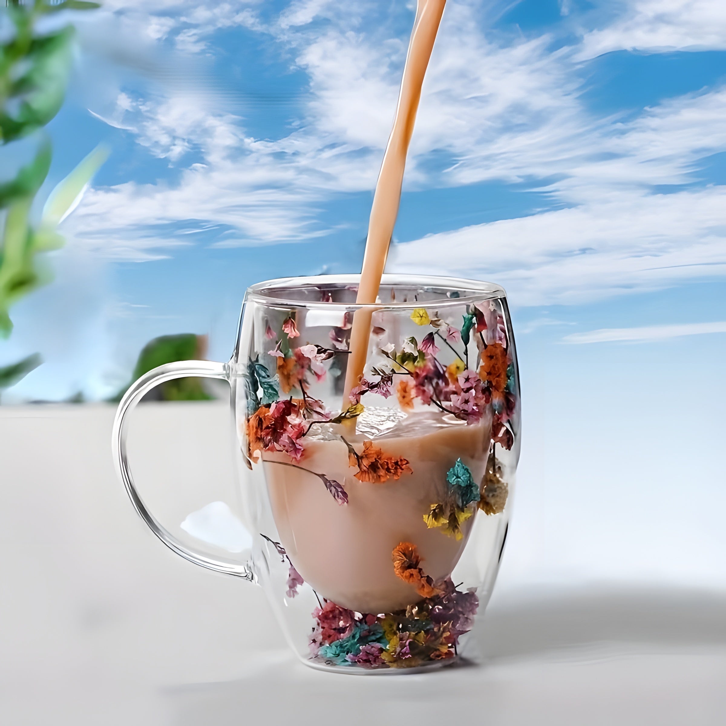 Taza de café de vidrio de doble pared con asa gruesa para bebidas calientes y frías 12oz