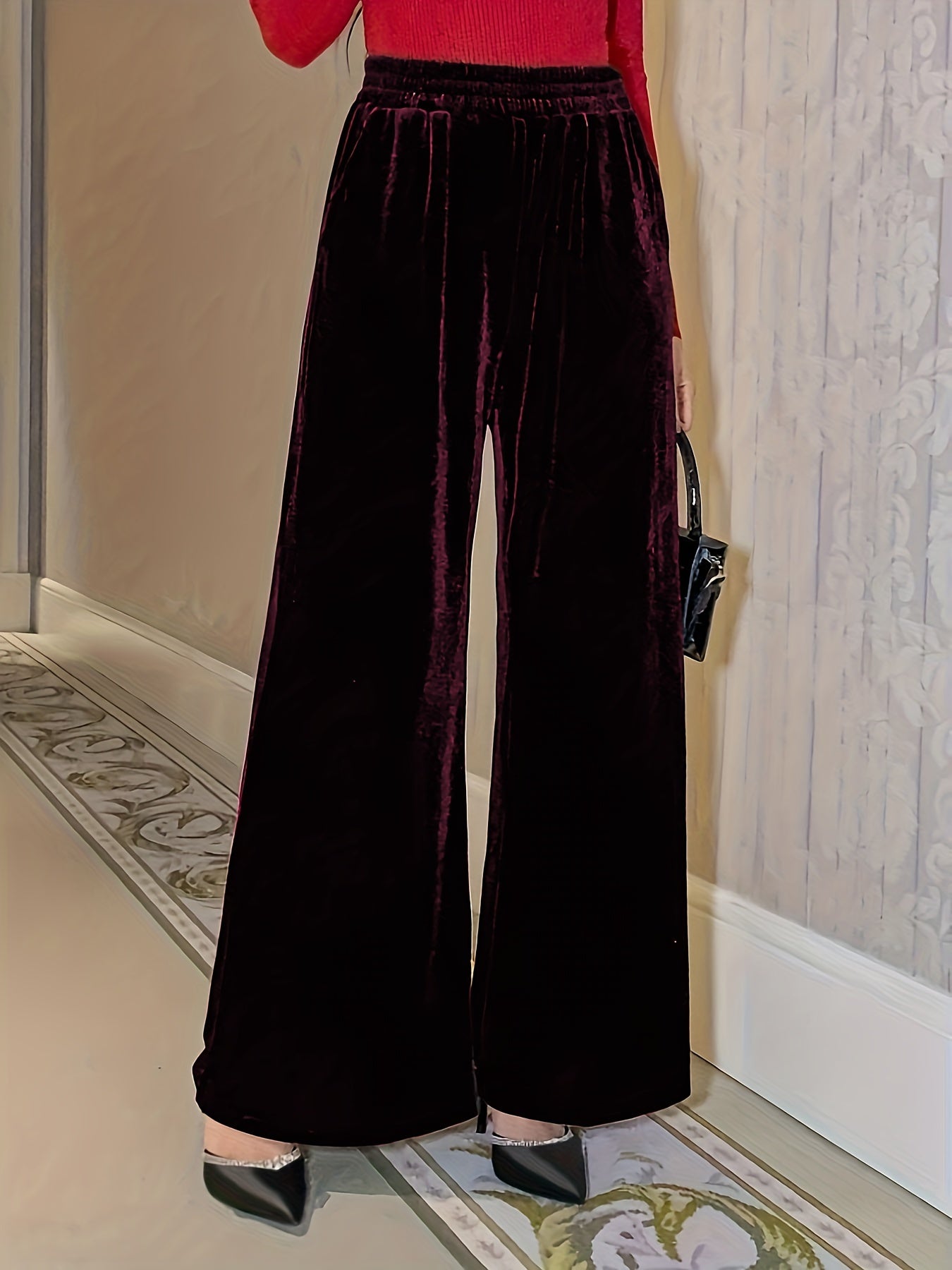 Plus Size Velvet Wide Leg Pants Elastic Waist Pockets Women's Clothing