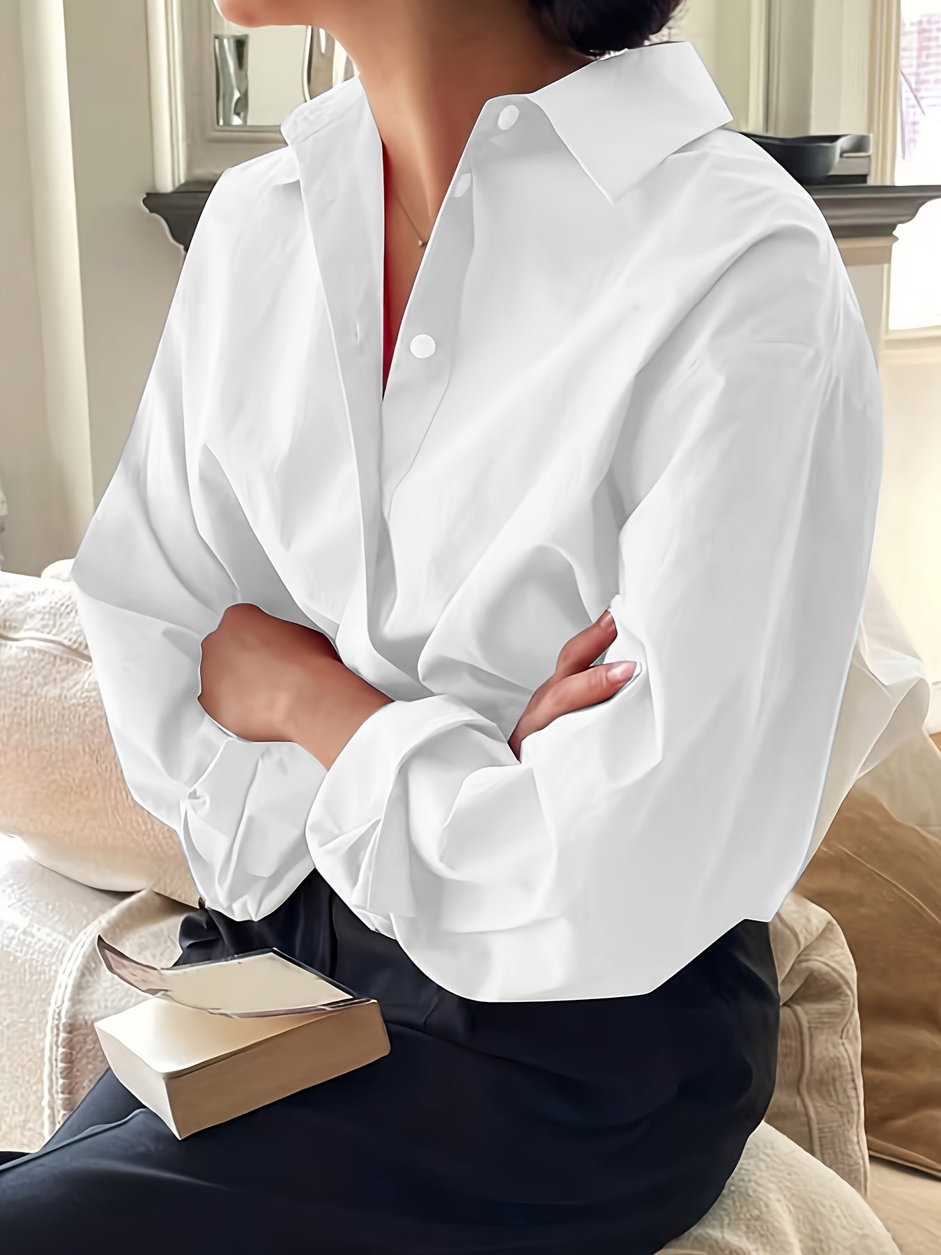 Women's Light Pink Business Casual Long Sleeve Button-Up Shirt Polyester All-Season Office Wear