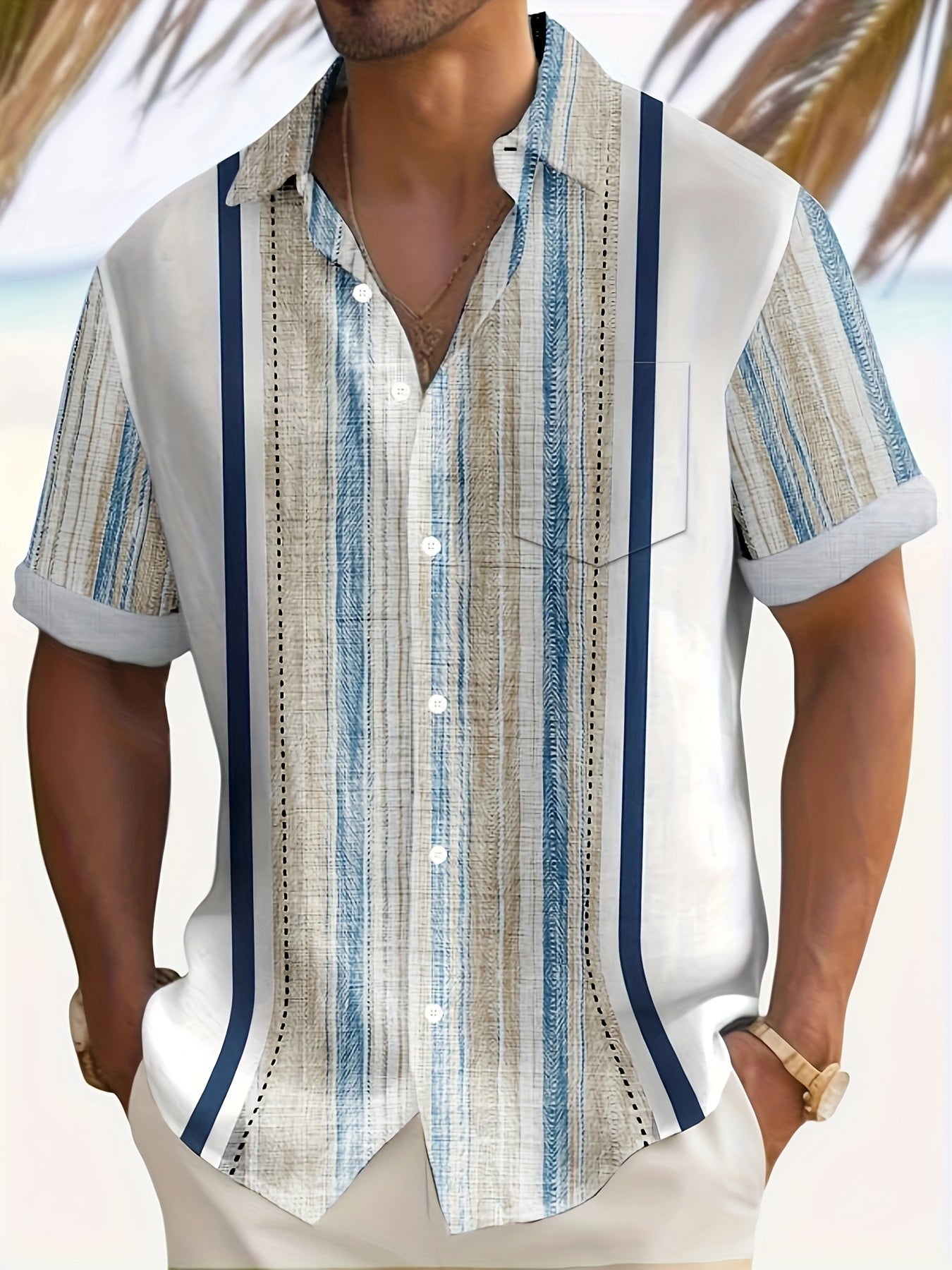 Erkaklar uchun Katta O'lchamdagi Vintage Gradient Stripe 3D Print Qisqa Yengli Ko'ylak, Yengil Polyesterdan Yozgi Dam olish va Norasmiy Kiym uchun Tugma Cho'ntak bilan