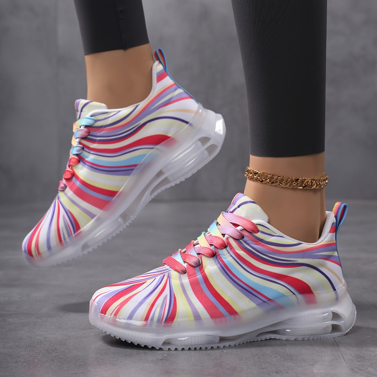Women’s Rainbow Striped Mesh Sneakers Low-Top Casual Shoes Breathable Flexible