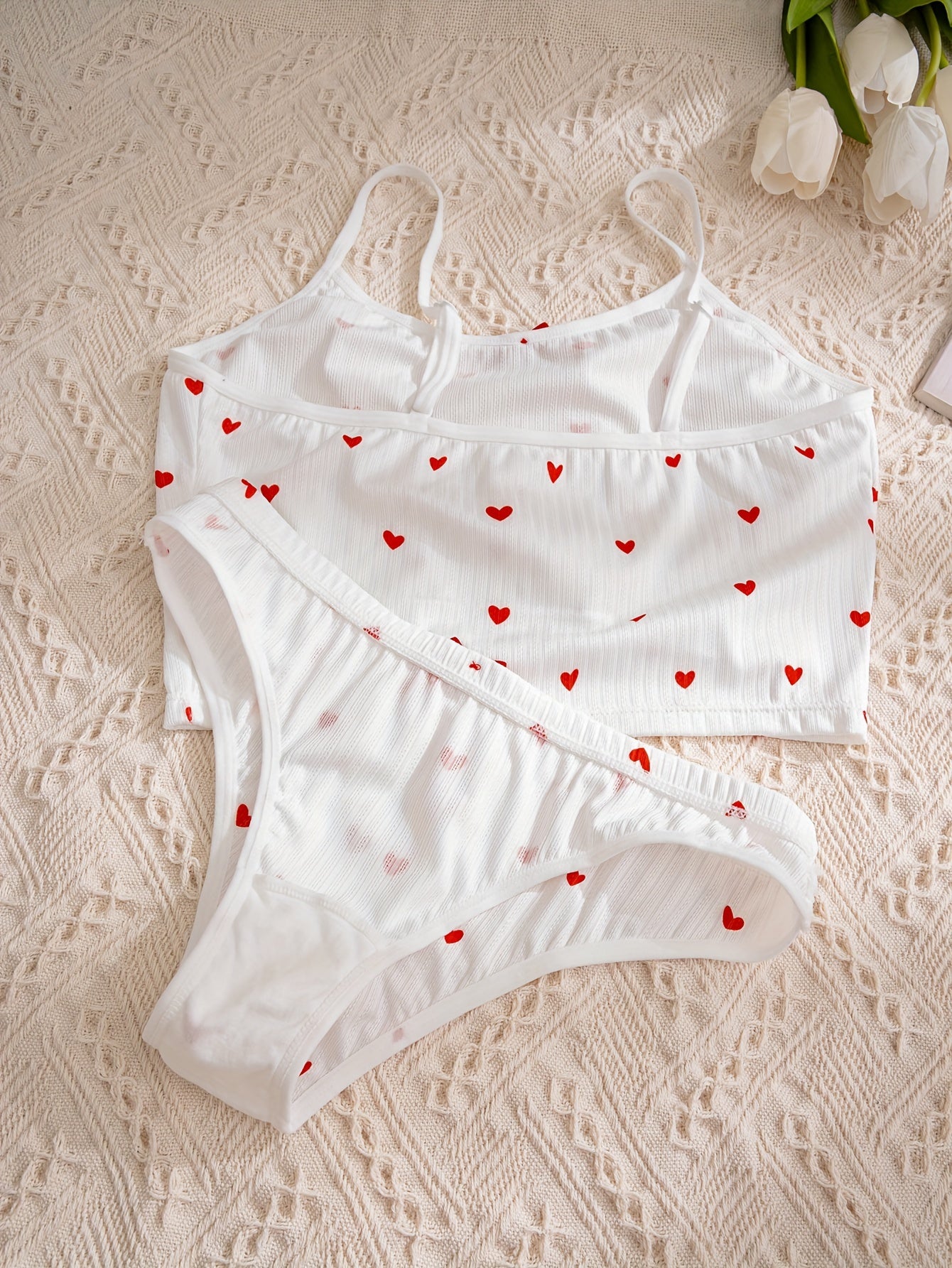 Women's Floral Print Lingerie Set with Ribbed Cami Bra and Bow Decor