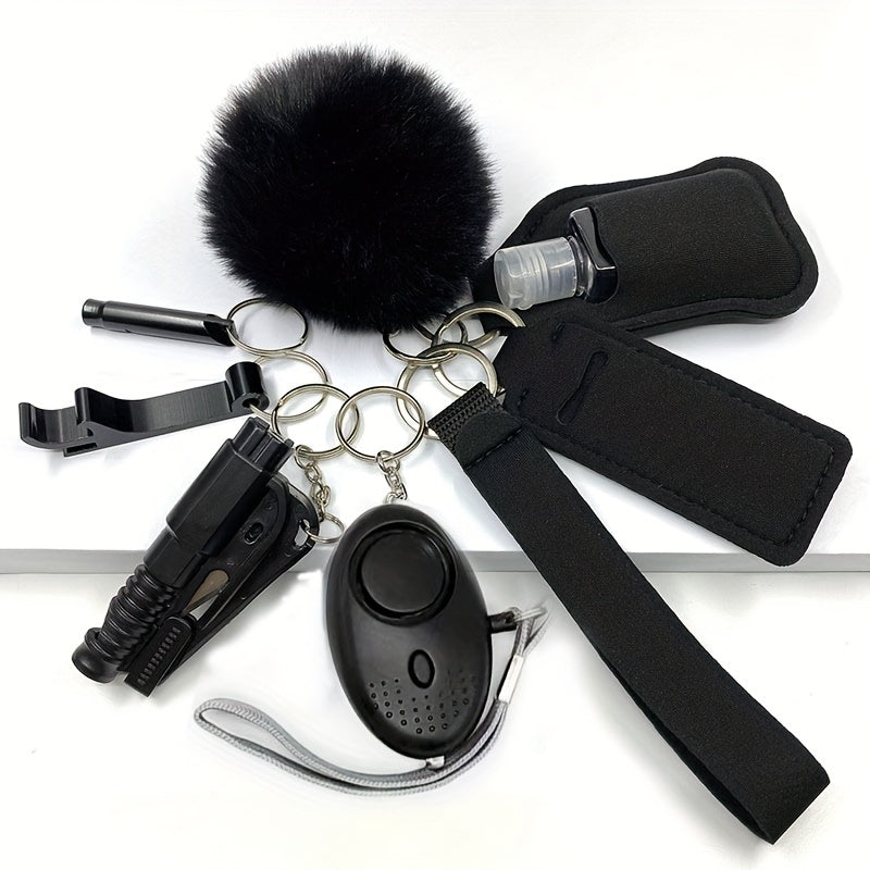 Set of 9 Women's Safety Keychains with Hand Sanitizer Holder Alarm and Floating Charm