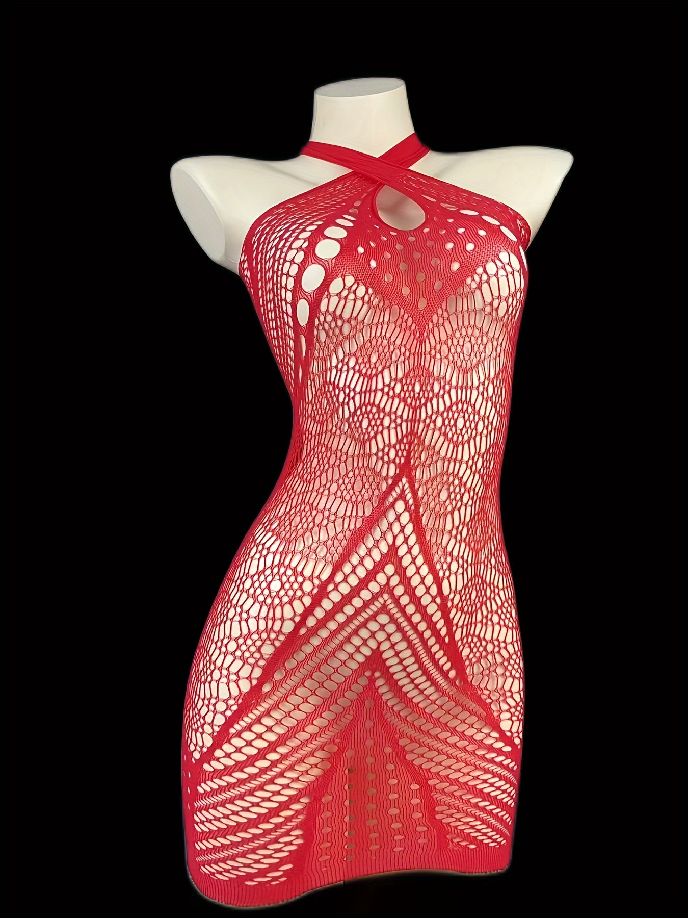 Red Lace Bodysuit with Sheer Mesh and Halter Neck for Nightclub Wear
