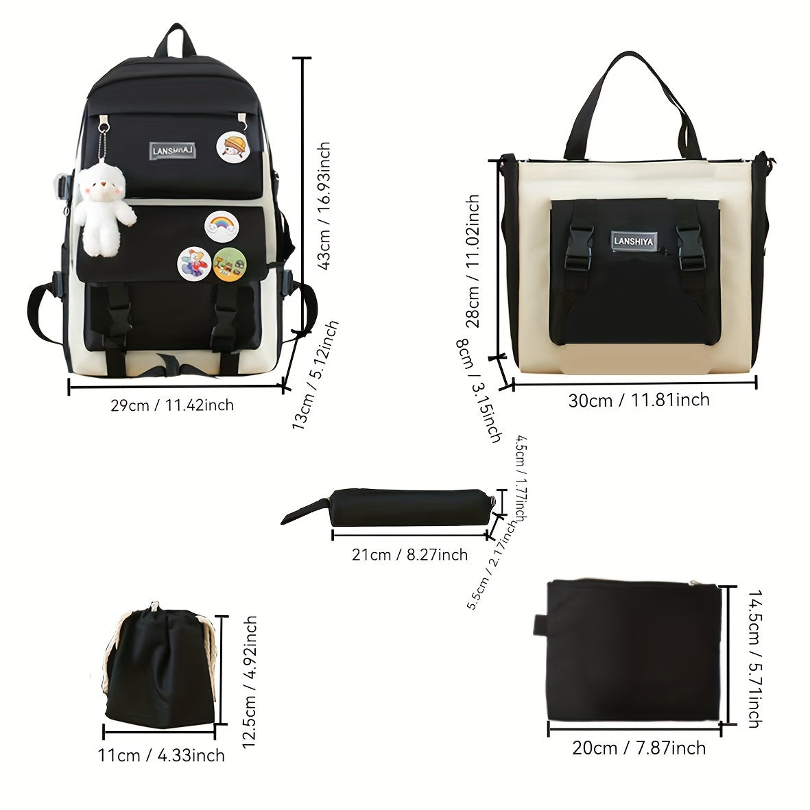 5-ta qismli maktab sumkasi to'plami, kollej uchun kanvas sumka, mo'ynali ayiqcha tanga hamyonchasi, qalam sumkasi va crossbody sumka