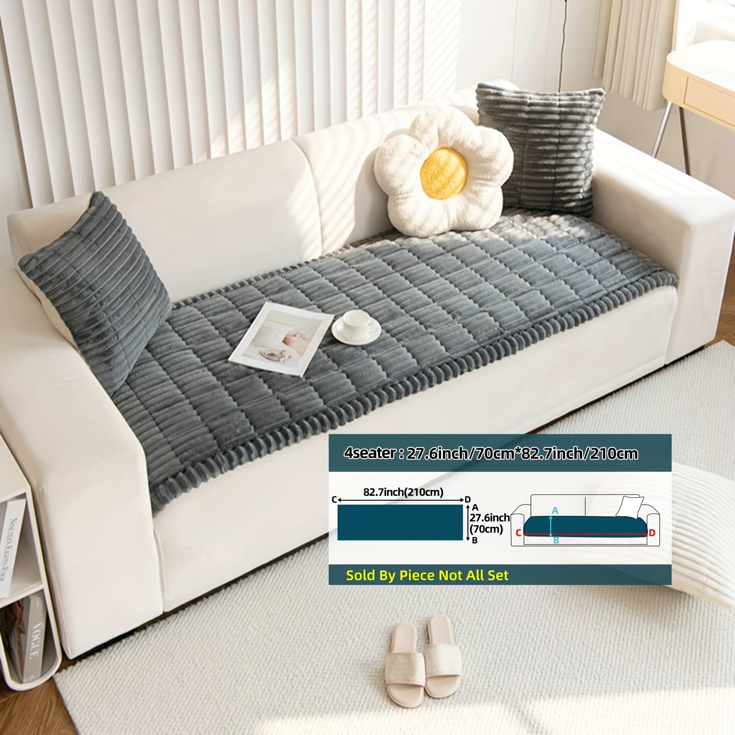 Boho Style Quilted Short Plush Sofa Cover with Ruffle Design Non-Slip Pet Friendly Machine Washable