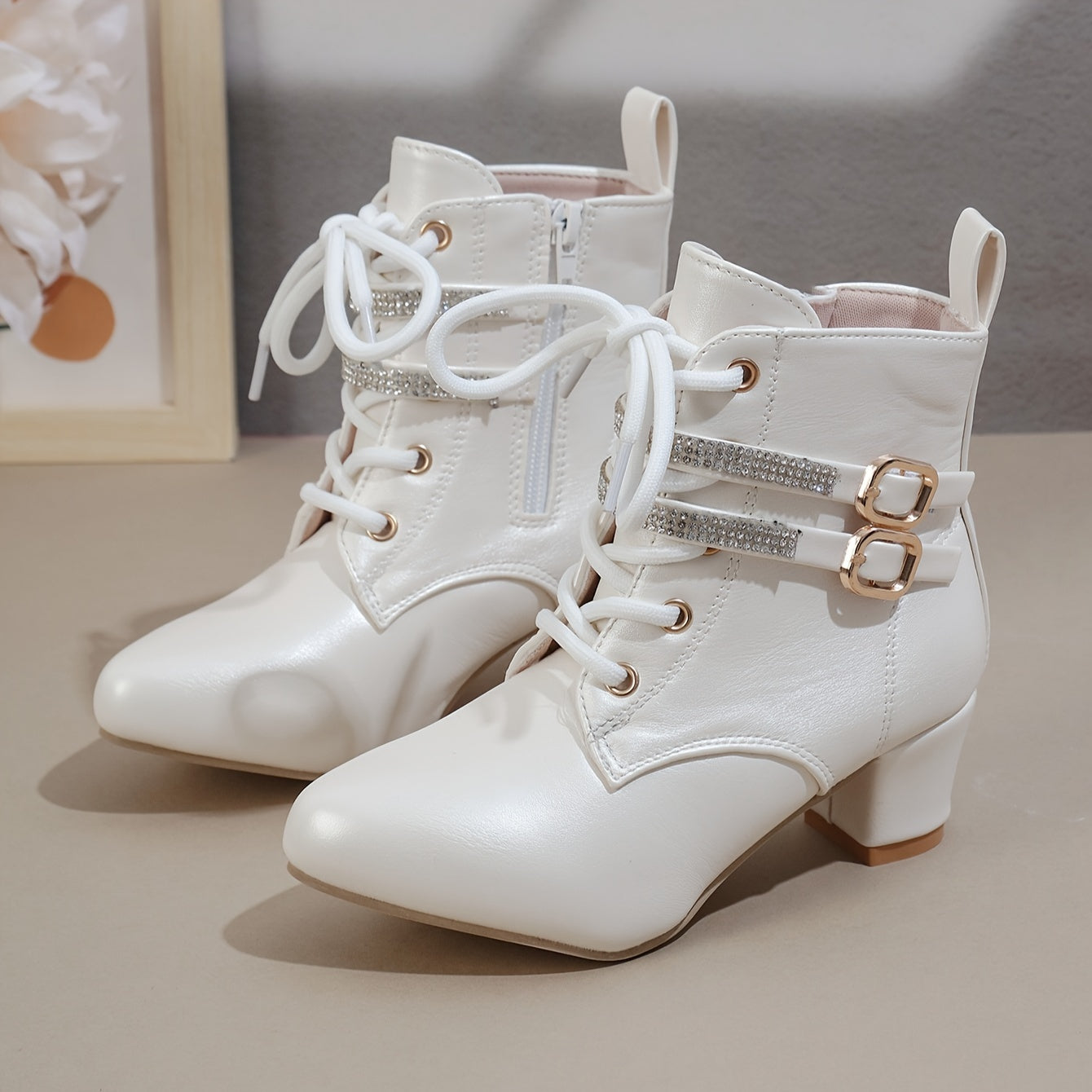Women's White Ankle Boots with Golden Buckles Side Zipper Chunky Heel