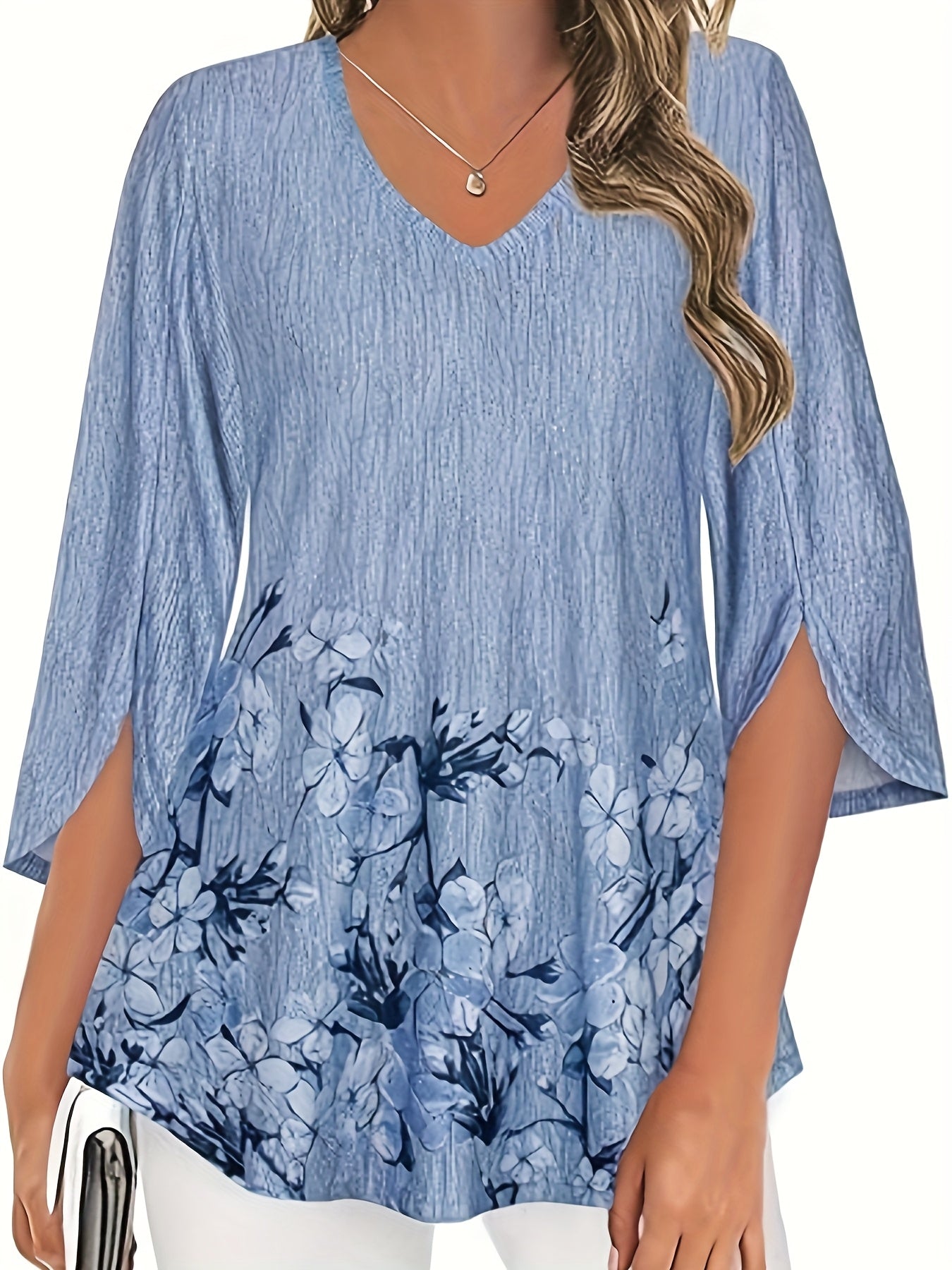 Women's V-Neck Longline Blouse with Floral Print, 3/4 Sleeves, Casual Fit