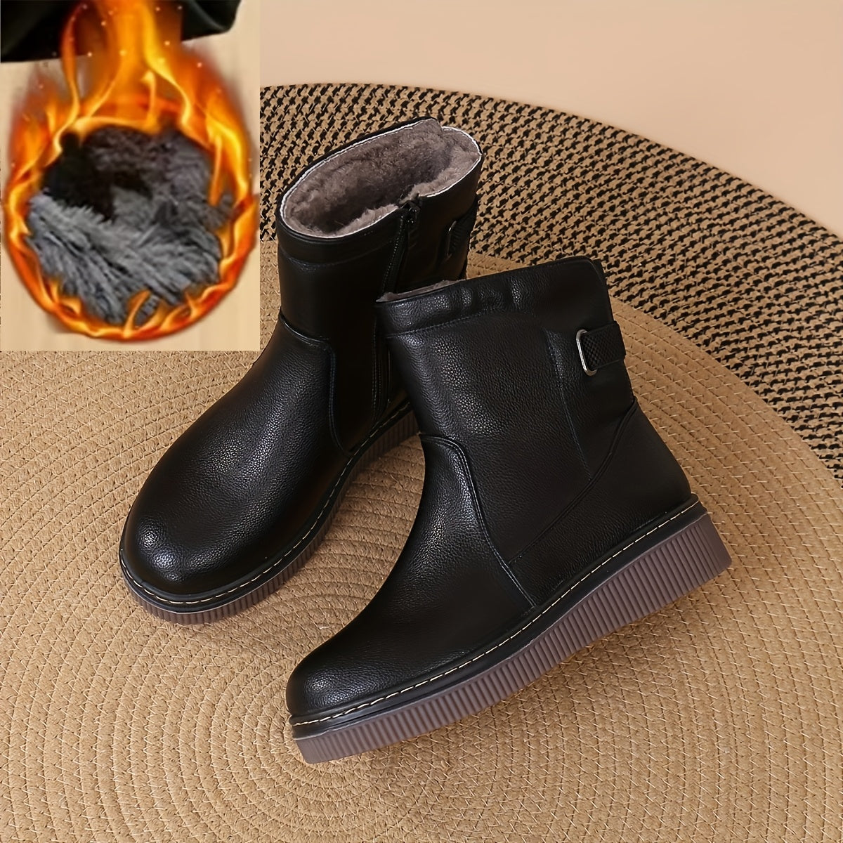 Women's Rubber Combat Boots Winter Warm Waterproof Non-Slip Corduroy Lined