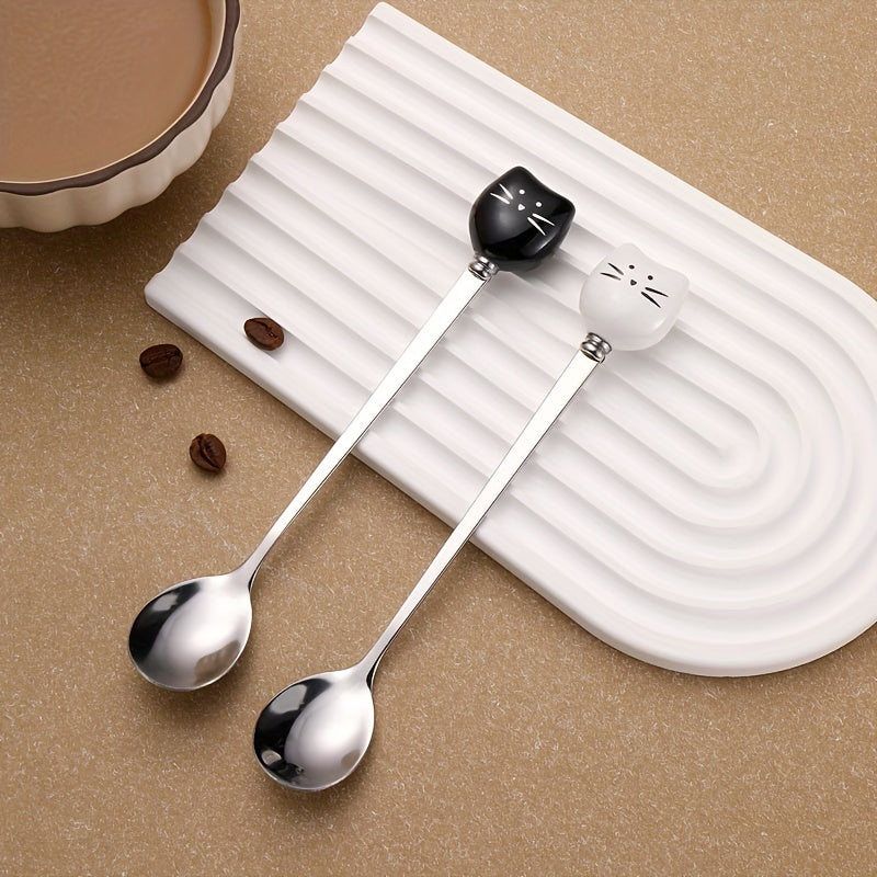 Stainless Steel Coffee Stirrers with Ceramic Cat Spoons