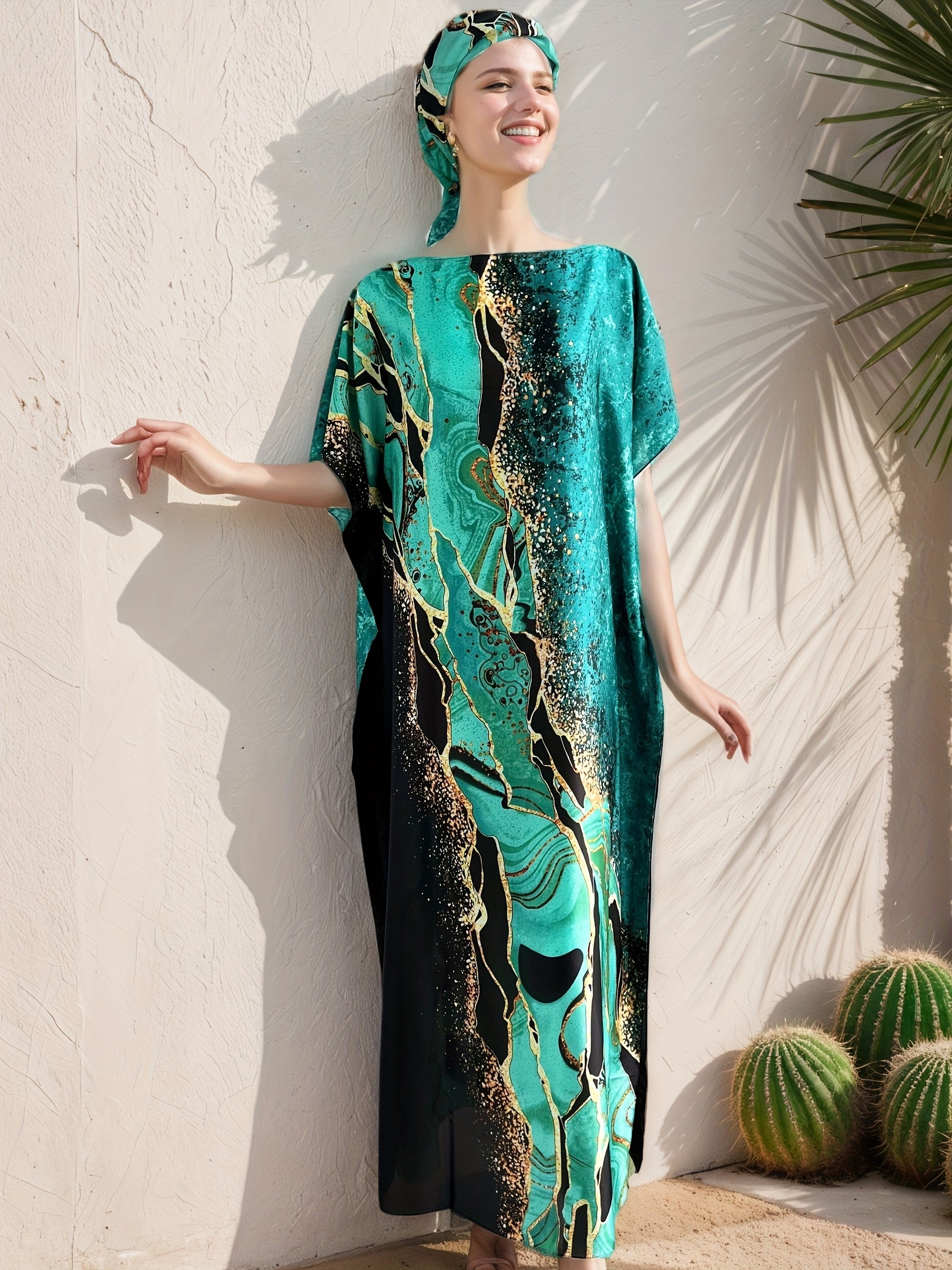 Plus Size Women's Maxi Dress Flowy Formal Casual Emerald Green Geometric Print