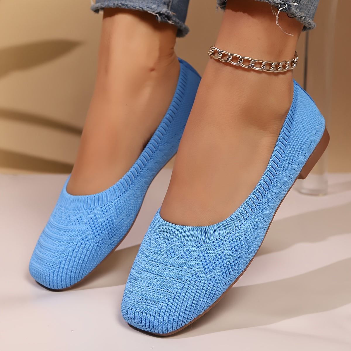 Women's Slip-On Square Toe Flats - Soft Fabric Upper Beige All-Season