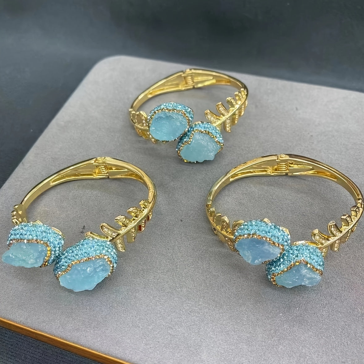 Aquamarine Raw Stone Bracelet for Women Bohemian Minimalist Gold Plated Adjustable Leaf Design