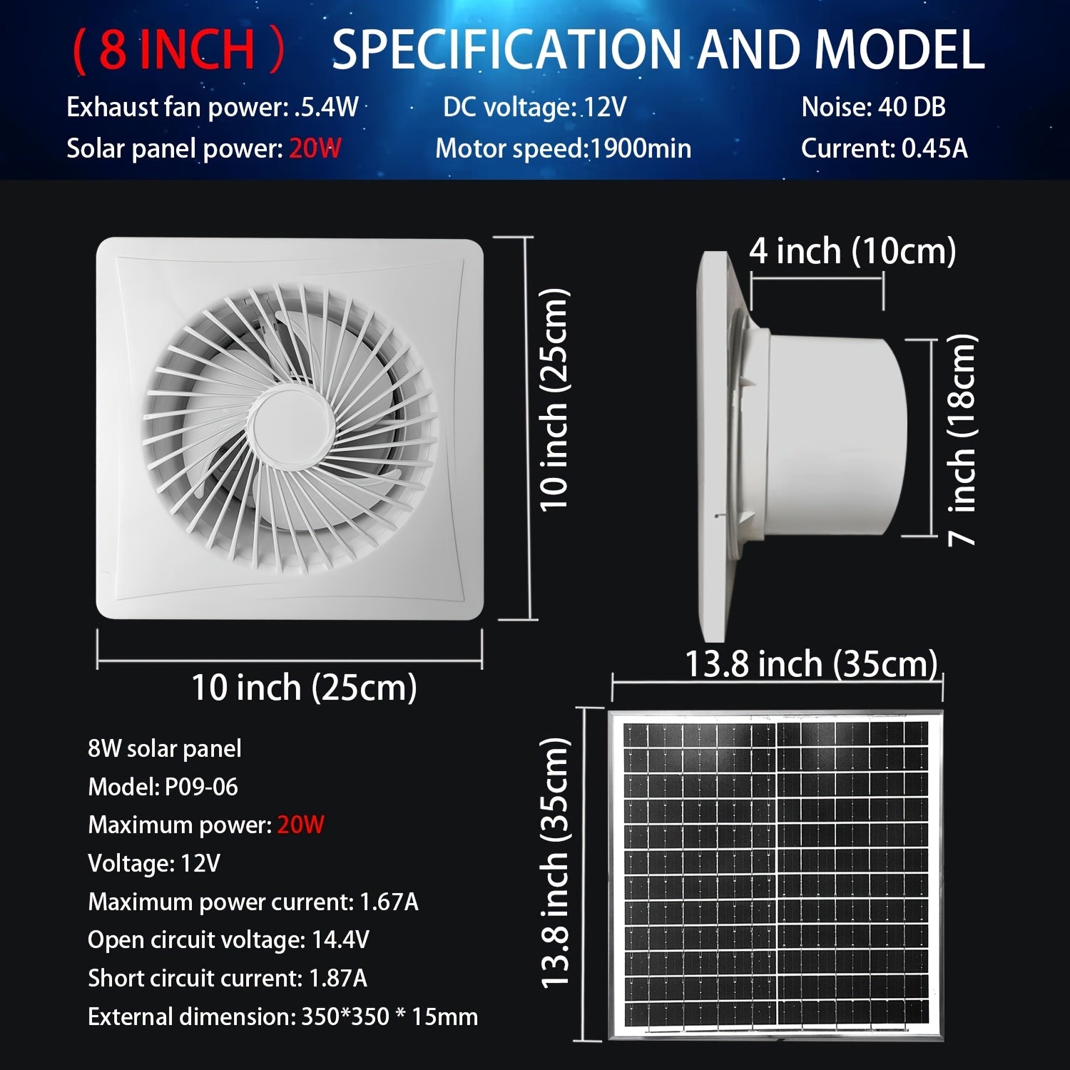 4-Inch Solar Exhaust Fan with 6W Solar Panel and Mounting Bracket