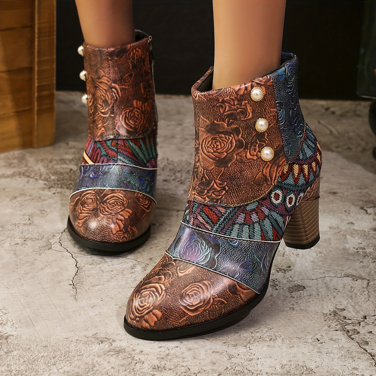 Women's Vintage Ethnic Style High Heel Ankle Boots Black Leather