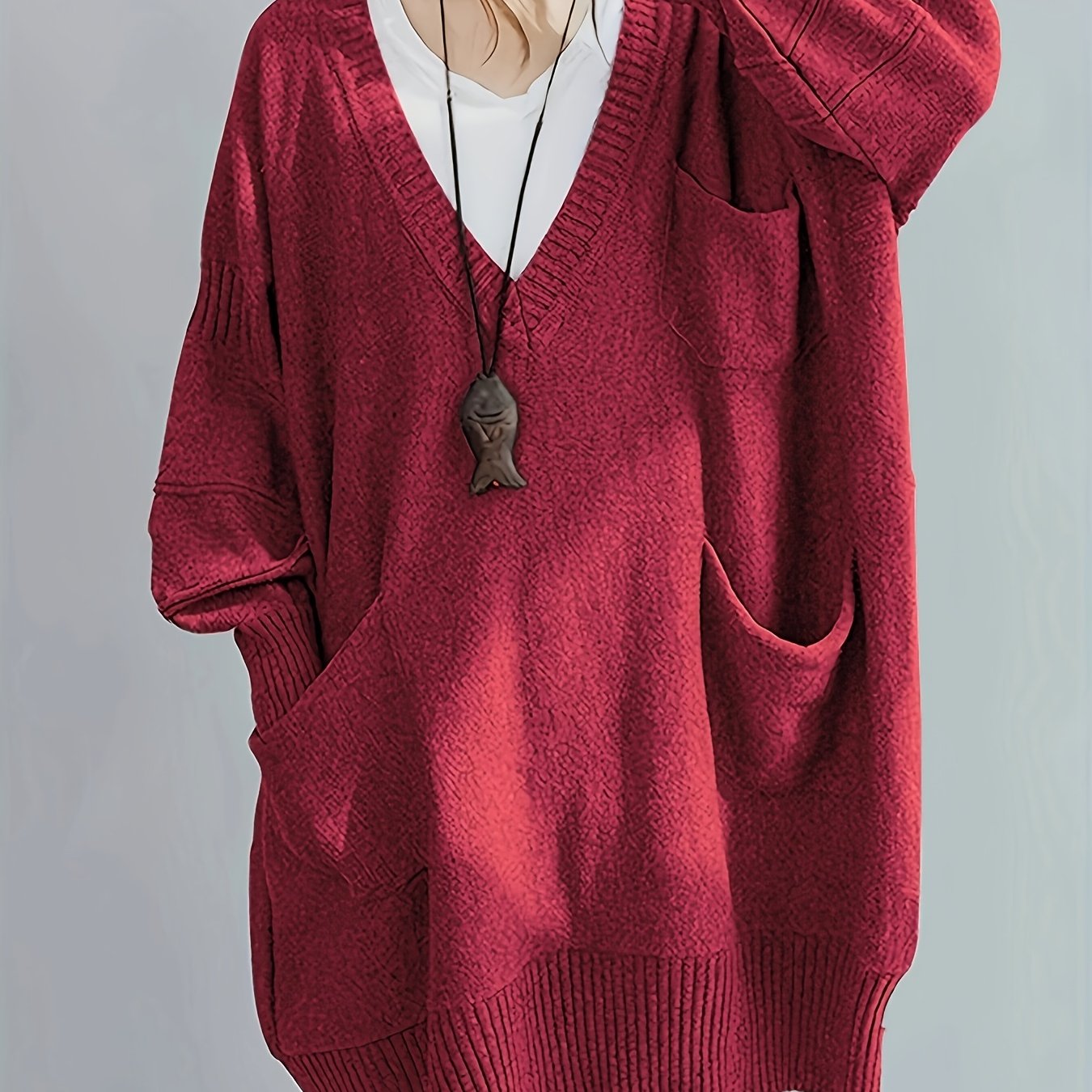 Plus Size Women's V-Neck Oversized Sweater Black Longline Casual Pullover