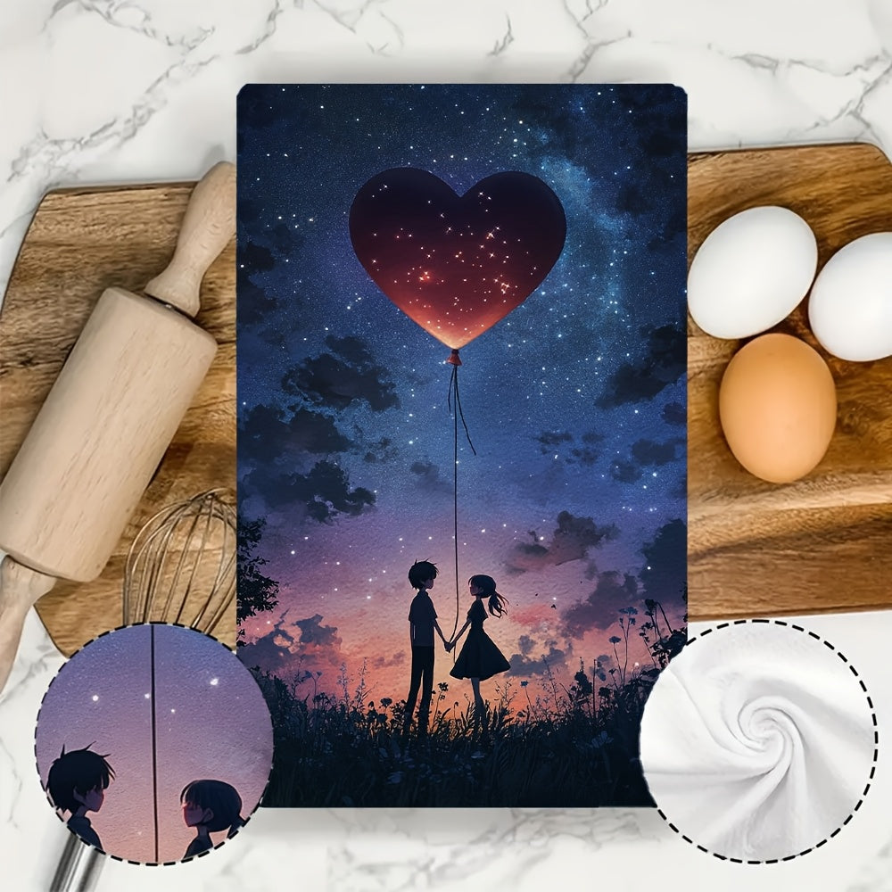 2 Ultra Soft Absorbent Kitchen Towels with Anime Couple and Heart Balloon