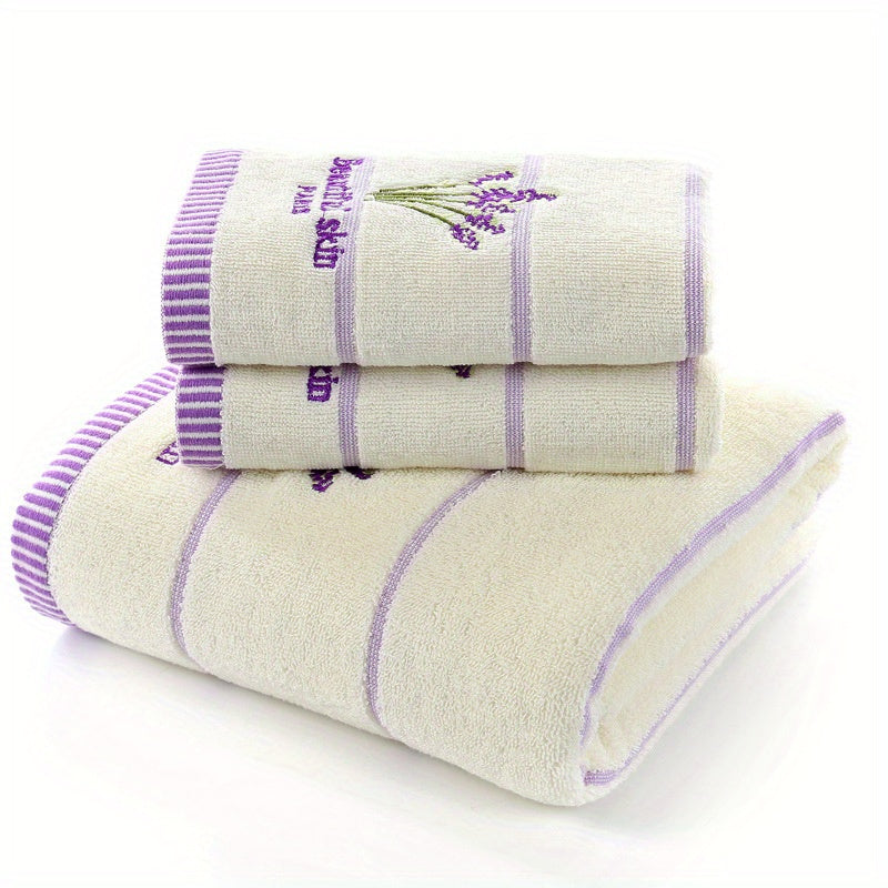 Lavender Pattern Towel Set 3 Pieces Bath and Face Towels Soft Cotton