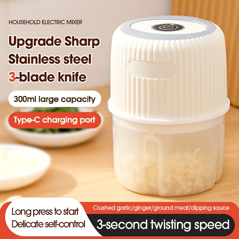 Stainless steel 3-tiltli pichoq bilan mini elektr sarimsoq bosish va maydalash. Tuzilishi, maydalash va kubiklash uchun USB bilan quvvatlanadigan oshxona mikseri. Type-C zaryadlash, o'tlar uchun ko'p maqsadli.