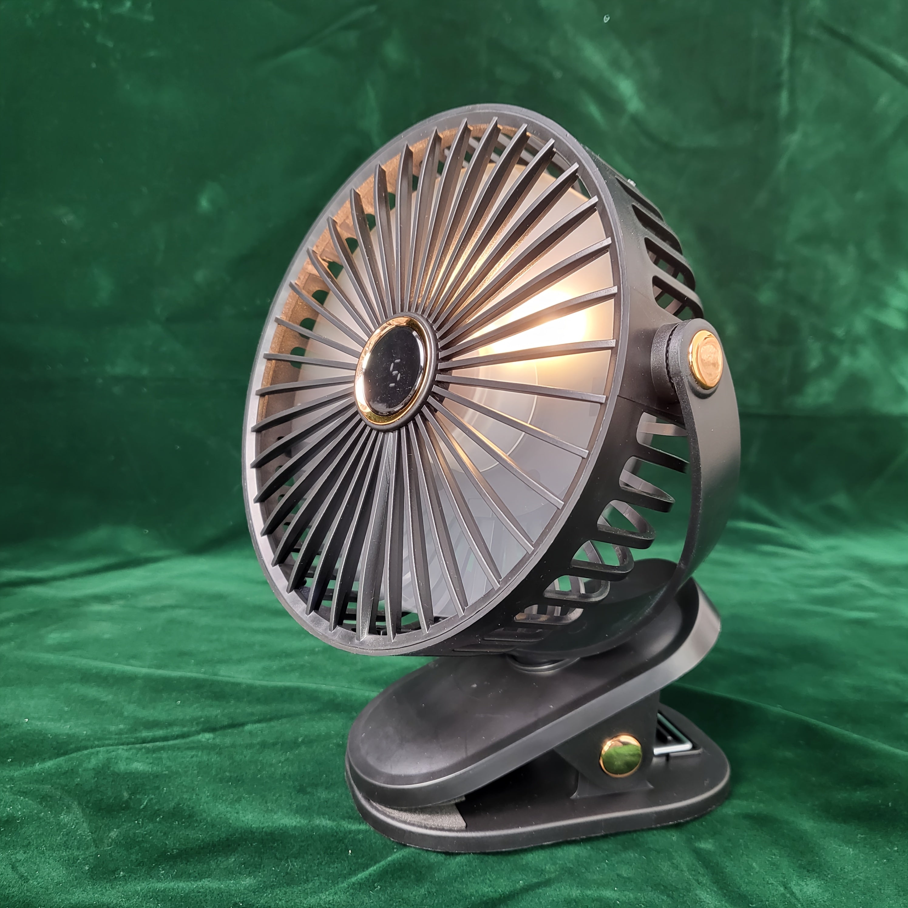 Black Portable Clip-On Fan with 360° Rotation, 5 Speeds, Battery Operated