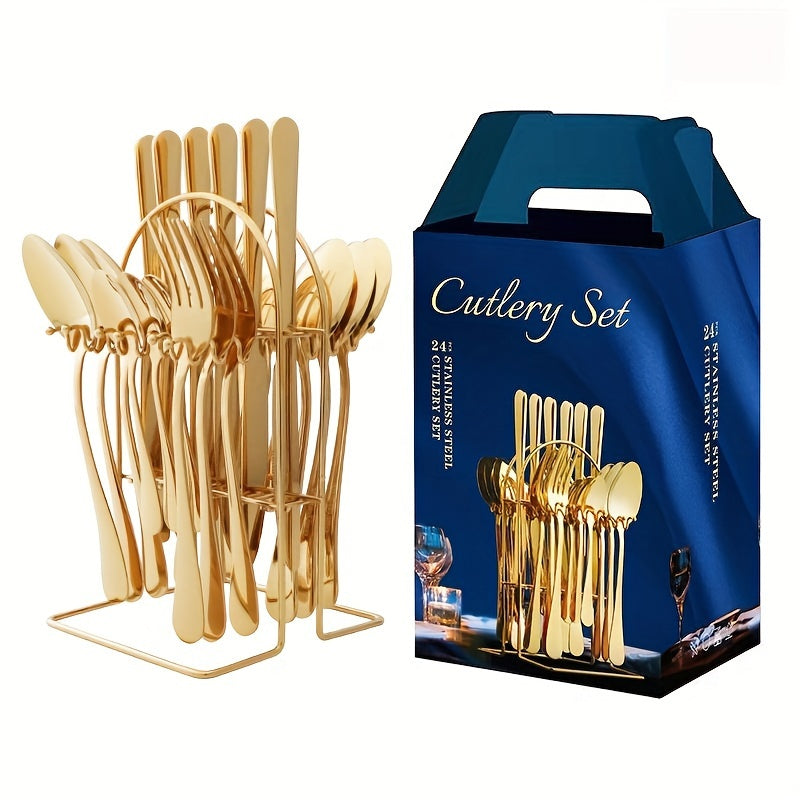24-Piece Golden Stainless Steel Cutlery Set with Metal Stand for Home Restaurant Party