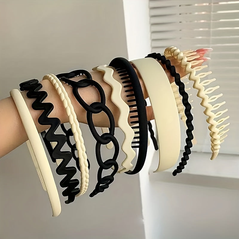 Ayollar uchun 9 ta bohemiya punk uslubidagi tishli soch bantlari, sirpanmaydigan, bir rangli soch aksessuarlari to'plami