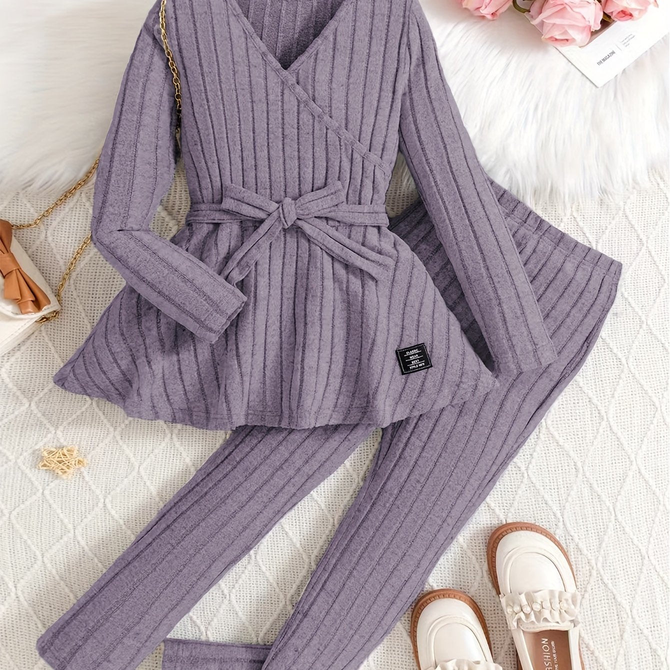 Leggings de rayas de punto de costilla ajustado para niñas primavera verano, con estiramiento medio y amigables con la piel