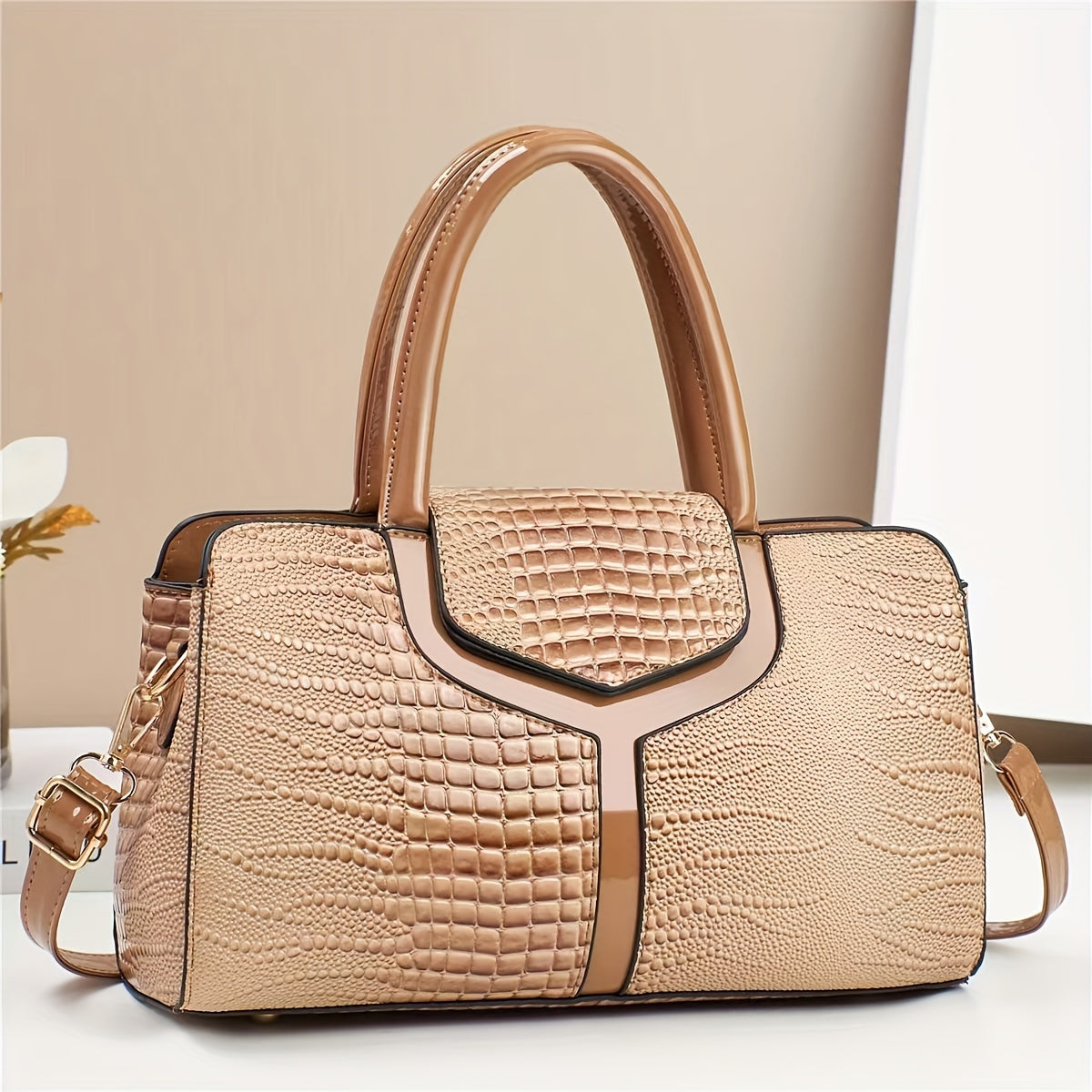Women's Crocodile Pattern Leather Handbag with Adjustable Strap and Zipper Closure