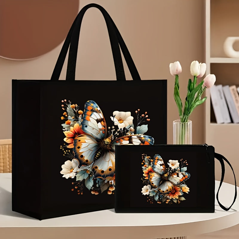 2-Piece Canvas Tote Bag and Wallet Set with Butterfly Floral Print Black