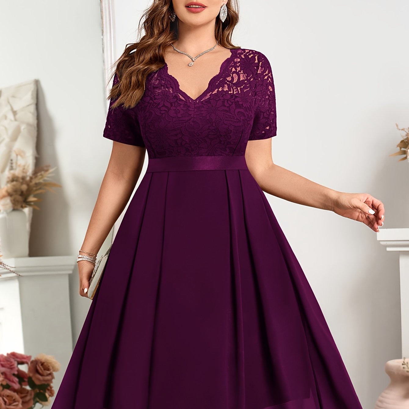 Plus Size Navy Blue Lace Trim V-Neck Dress With Short Sleeves