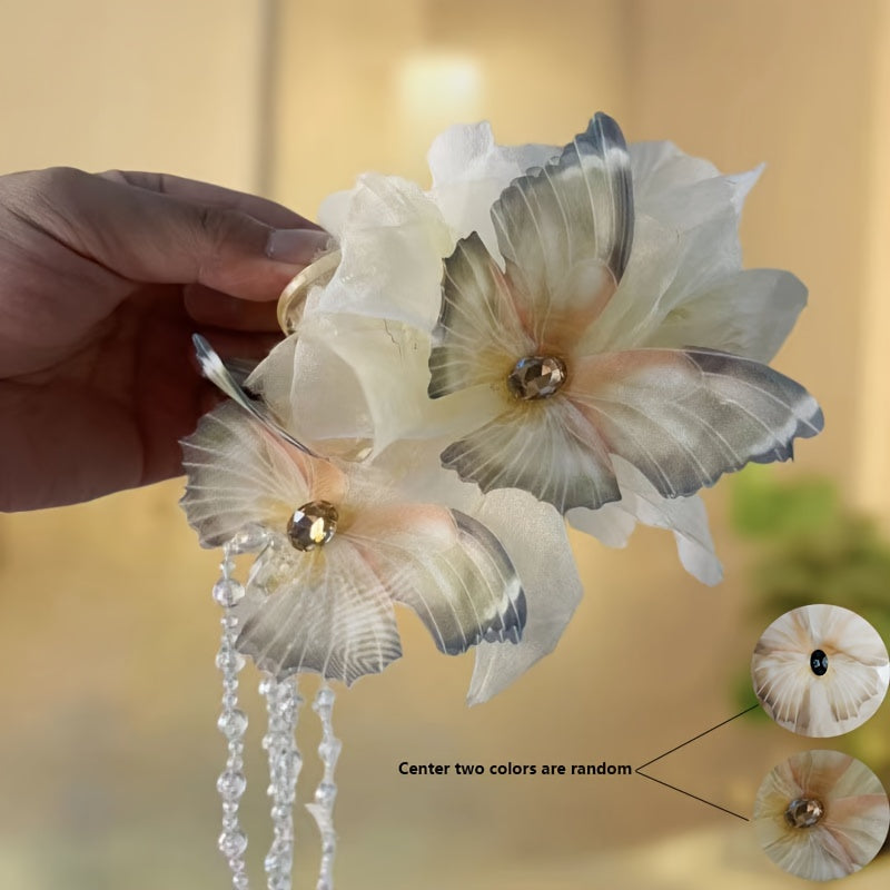 Stylish Blue and White Butterfly Tassel Hair Claw Boho Oversized Shark Clip