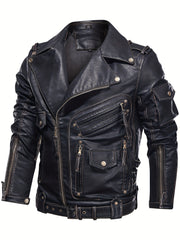 Men's Black Biker Jacket with Zipper Pockets Studded Details Polyester Lining Loose Fit Spring Fall